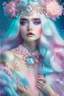 Placeholder: surreal, soft pink flowing hair,big eyes,full frame,full tiara,jewelry,filigree,luxurious pale blue outfit, from iridescent scales with decor,aesthetics of the female body, sophisticated,with floral elements,detailing,hd,delicate background, rainbow,magic,bohemian photo,shine, gloss,magical,beautiful, enchanting, colorful,bright studio lighting,iso800,30 mm lens,f/16,art deco,sweet fantasy,avery fantasy,cgi,1024K,professional photo,photorealism.Snow alien ,hyper detailed, digital art, trending i