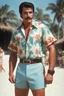 Placeholder: Elvis Presley/Lee Majors/George Reeves with medium length bob-styled brown hair, a mustache, wearing a Hawaiian shirt and Bermuda shorts- well-lit, UHD, 1080p, professional quality, 35mm photograph by Scott Kendall