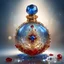 Placeholder: Golden round perfume bottle with a blue crystal cap and small red decorations. Illustrative art, art interpretation, concept art, cgsociety contest winner, seasonal art, seasonal art HD, 4k, 8k, intricate, detailed, intricately detailed, luminous, translucent fantasy crystal, holographic data, soft body, shadow play, light, fog, atmospheric, cinematic, light film, hyper-detailed, hyper-realistic, masterpiece, atmospheric, high resolution, 8k, HDR, 500px, mysterious and artistic digital art, phot