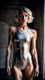 Placeholder: beautiful anorexic woman, total shot, short grey metallic triathlon swimsuit, short blond wavy bob hair, blurred concrete background