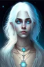 Placeholder: hauntingly beautiful character for dnd, young woman with white hair and blue eyes, angel, with moon necklace