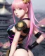 Placeholder: Detailed cute anime Kunoichi girl, pink hair buns, pink bangs, black latex bodysuit, intricate details, full body portrait, keep head in frame, slight smile, black Japanese motif, concept art, highly detailed, digital painting, concept art, sharp focus, illustration, art by Yoji Shinkawa, WLOP and greg rutkowski and alphonse mucha and artgerm and yanjun Chen and Junji ito and Makoto Shinkai, HDR, octane render