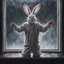 Placeholder: matte oil painting of a disheveled soaking wet man in ill-fitting wet floppy eared full easter bunny onesie costume looking in window at night making the heart hands gesture, Dramatic, heavy rain, complex contrast, dynamic composition, humorous and sinister