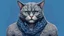 Placeholder: blue background, cat man, wool, fine drawing, high detail, 8K, man, tattoos, wool,