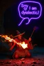 Placeholder: speech bubble saying "Sorry I am dyslectic!" purple magic neon arrow flying, magic swirl, strong winds, true grit, Mexican native stand off fast draw poncho cowboy wizard on knees hurt punching fire ball whip while taking sight wand slinger, in dark cave ,bokeh like f/0.8, tilt-shift lens 8k, high detail, smooth render, down-light, unreal engine
