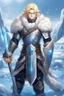 Placeholder: 1 anime man. warrior, with blue eyes and blonde hair man in silver Viking armor with fur around the neck with blue crystal on his chest, standing in water in the artic, holding a ice sword and shield, warrior in, anime style