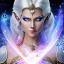 Placeholder: cosmic mage, elf, female, battle mage, epic, cosmic magic, long ears, white hair, face details, pale skin, jewellery, broad shoulders, glowing eyes, sharp ears, cosmic clothes, bright eyes, cosmic eyes, ears shown, light out of eyes, the cosmos in eyes, stars in eyes, shining eyes, small jaw, non human face