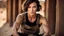 Placeholder: beautiful caucasian female technician, black tank top, well toned muscles, weathered face, scratched sand camo metal details, short brunette wavy bob haircut, dystopian, desert scene, pulling a knife