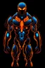 Placeholder: Vibrant Vector Art, Front View, vampire robot, neon blue and Orange lava veins, stylized, full body, half skin, black background, fangs , wide face,