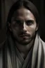 Placeholder: Realistic realism portrait young jared leto goatee dark Brown hair grey eyes emacieted sick sad unhappy weak think three-quarter portrait picture handsome unhealthy rings under the eyes sad smile ancient robe sad eyes scared sweet