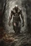 Placeholder: a stupid and crazy stone giant walks through the forest and breaks, vivid emotions, watercolor, photorealism, dark fantasy, bad weather, gloomy day, dark world, sketch art, fine lines, grunge, sensual, darkness, by Raymond Swanland & Alyssa Monks & Anna Razumovskaya