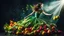 Placeholder: Dramatic dynamic photo of fruit woman in salad dress, Igor Morsky inspired photo in style of Sophie Delaporte, beautiful fairy model, textured, volumetric lighting, vibrant colors, exciting