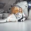 Placeholder: the blonde woman lies i spacesuit on the floor, this is a situation