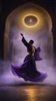 Placeholder: Hyper Realistic photographic-view of a Sufi Whirling with Golden & Purple Islamic Sufi Rustic Grungy-Black Background with thick-fog at dark-night outside an ancient Islamic architectural building with golden-sparkles-whirling showing dramatic & cinematic ambiance.