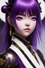 Placeholder: Detailed cute anime Kunoichi girl, purple hair buns, purple bangs, black latex bodysuit, intricate details, full body portrait, keep head in frame, slight smile, black Japanese motif, concept art, highly detailed, digital painting, concept art, sharp focus, illustration, art by Yoji Shinkawa, WLOP and greg rutkowski and alphonse mucha and artgerm and yanjun Chen and Junji ito and Makoto Shinkai, HDR, octane render