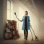 Placeholder: Woman standing with crutch, coat, toy shop background