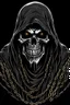 Placeholder: Vector Art, Front View, Grim Reaper , stylized, Up close, half skin, black background, chains around body,