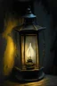 Placeholder: a small old lantern in the corner of paint, rest of the paint is black, oil colors, high detail, 16:9