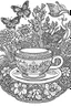 Placeholder: Outline art for coloring page, AVANT GARDE DRAWING TEACUP SET IN A GARDEN, coloring page, white background, Sketch style, only use outline, clean line art, white background, no shadows, no shading, no color, clear