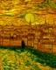 Placeholder: A golden yellow glowing metropolis painted by Vincent van Gogh