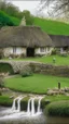 Placeholder: Village green with small thatched roofed cottages with waterfall and rocks