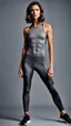 Placeholder: photography of a beautiful anorexic woman, grey satin triathlon top, sports illustrated, brunette short wavy bob haircut, pronounced sternum, flat chest, anthracite short leggins