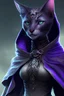 Placeholder: Detailed photo female tabaxi black jaguar sorceress, wearing hood with ears poking through, black fur on face, full body shot with space over head, add white tufts of fur coming out of ears, pretty, green eyes, hyperdetailed painting, black clothes trimmed in purple and silver, 4k resolution concept art, Artgerm, WLOP, Alphonse Mucha, 3d render, octane render, intricately detailed, cinematic, Isometric, Centered hipereallistic cover photo awesome, dark, gritty, realistic mucha, klimt, cinematic