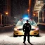 Placeholder: large muscular police officer standing beside a police car at night, downtown snowy new york at night, dramatic, dramatic lighting, volumetric lighting, hyperrealism, 8k, high quality, photorealistic, lot of details