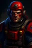 Placeholder: A DIGITAL ART portrait of a space marine. He is 30 years old. His eyes are tired but he has a grim smile. He is not wearing a helmet. His pants have a red stripe. Realistic. with ushanka