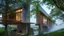 Placeholder: modern house by a big water falls in a karstic montain rain forest