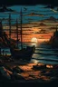 Placeholder: Experience the beauty of a dark sunset on a beach through this captivating pop art illustration. The artwork showcases a rusticcore aesthetic with majestic ports and rusty debris, creating a realistic and enchanting scenery.