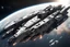 Placeholder: Huge military space warship, futuristic, long, in orbit, hyper realistic, detailed, tough, menacing, cinematic lighting