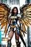 Placeholder: Close up gorgeous photography soft blur, HD realistic,super modeling girl as beautiful Angel straddle wings Wonder Woman ultra advanced warframe with the whole and full armor with ultra high resolution and details,walk in street city bussy.style: digital photography