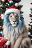 Placeholder: a beautiful girl with blue hair,a Santa Claus hat on her head, a Christmas tree with gifts in a bag next to it, a lot of details close-up, stroking a white lion,a lot of wool,a beautiful lion's muzzle,a lot of details,