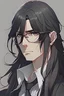 Placeholder: An anime man with long black hair, middle part bangs flowing out, ties into a long ponytail. He has big round glasses.