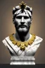 Placeholder: Realistic image, Roman sculpture made in white marble with gold veins, Lionel messi with gold laurel leaves crown, decorative star on the chest, waist up portrait, marble material, gold ornaments, Baroque style, sun rays background, epic, celestial, cinematic lighting, God lights, 4k resolution, smooth details, soft lighting, unreal engine 5, art station, substance 3d.