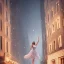 Placeholder: woman wearing a dress floating in the air outside a building balcony, scared, downtown snowy new york at night, dramatic, dramatic lighting, volumetric lighting, hyperrealism, 8k, high quality, photorealistic, lot of details