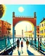 Placeholder: Arte retro de Venecia canal puente peatonal gente cielo soleado obra de arte 4k