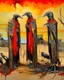 Placeholder: long-legged surreal lean black-grey figures with beak-shaped heads in overcoat, profile, semi-silhouettes among ramshackle ruins in a barren landscape of red, yellow, black and beige colors, intricate acrylic painting
