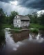 Placeholder: ultraralistic photography of primitive houses flooded in storm