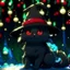 Placeholder: black cat in a Santa Claus hat, a Christmas tree in its paws, anime