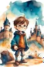 Placeholder: Акварельный рисунок. Гарри Поттер маленький мальчик. Мультяшный стиль. Стоит в замке. Таинственный вид. Пятна краски и небрежные мазки.