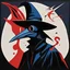 Placeholder: Surreal abstract composition by Ladislav Sutnar: sinister plague doctor dissociated; red, midnight_blue, white, and black color scheme, black background