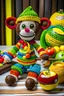 Placeholder: A crocheted toy chef designed as a playful monkey, wearing a colorful chef's coat and holding a crochet whisk, with a backdrop of crocheted fruits and vegetables, showcasing the joy of cooking and creativity in crochet artistry