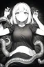 Placeholder: girl in T-shirt lying on the ground and covered with snakes, greyscale