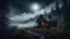 Placeholder: cabin in the mountain forest, moonlight, intense mist, macabre escene, zombie atmosphere, clouds, no people, dead animals, high definition, good understanding of artificial intelligence, very darkness.