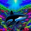 Placeholder: a very detailed orca in the ocean surrounded by a school of little fishes. Realistic, underwater world, enchanting, dangerous, colorful.