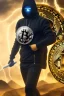 Placeholder: running berserker portrait , no face, black jogging suite , in the night Alps , holding bitcoin , angels background, volumetric gold light, high detail, dark leaf tree, dark mountains in background, perfect