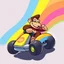 Placeholder: vector Cartoon Donkey Kong riding a rainbow in a kart