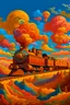 Placeholder: un tren en el cielo, con colores cálidos y candidos, nubes con una atmosfera reluciente con un corazón en los vagones al estilo de André Derain